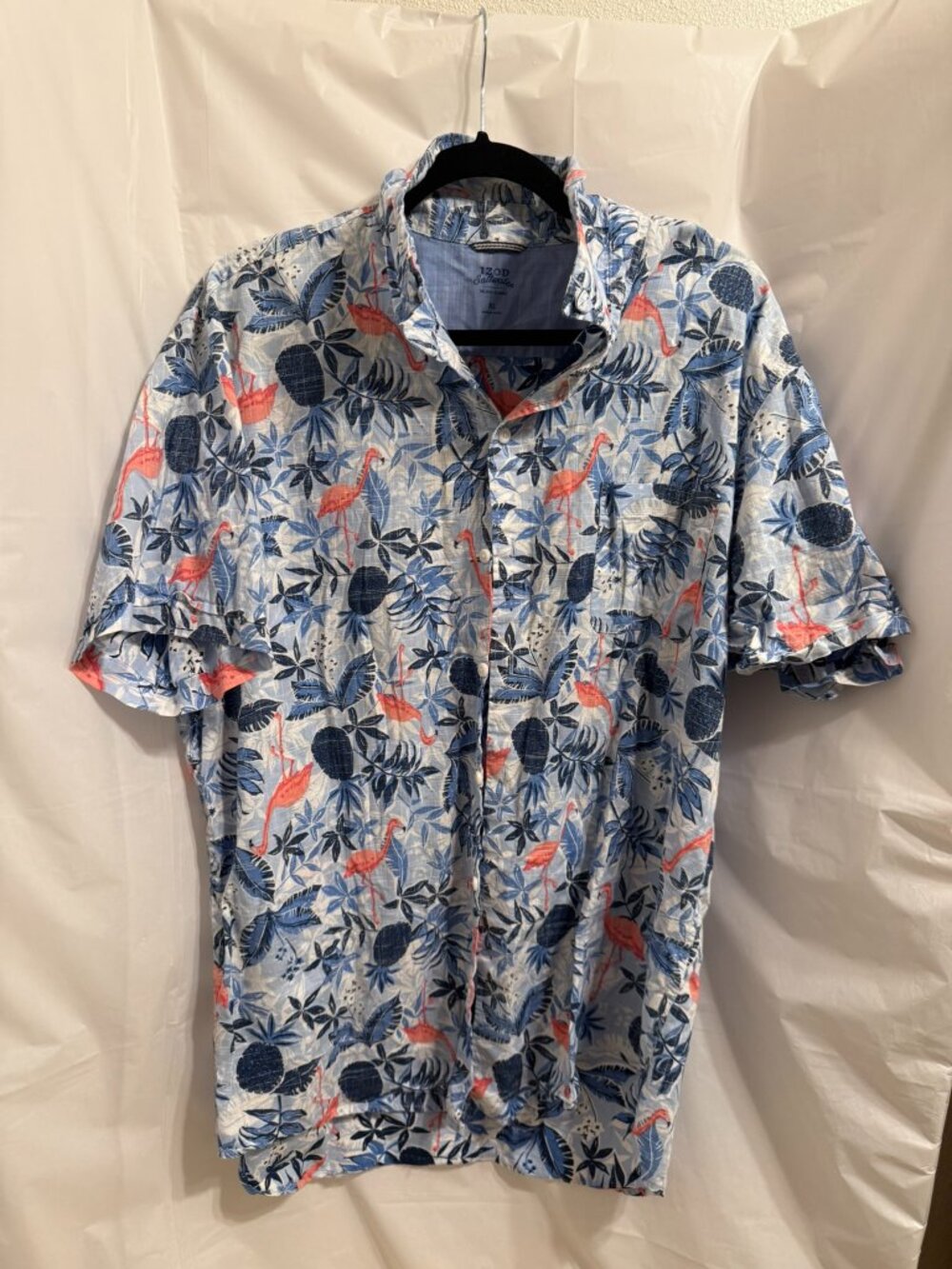 IZOD Saltwater Mens Flamingo Palm Leaf Print Short Sleeve Button Up Shirt XL